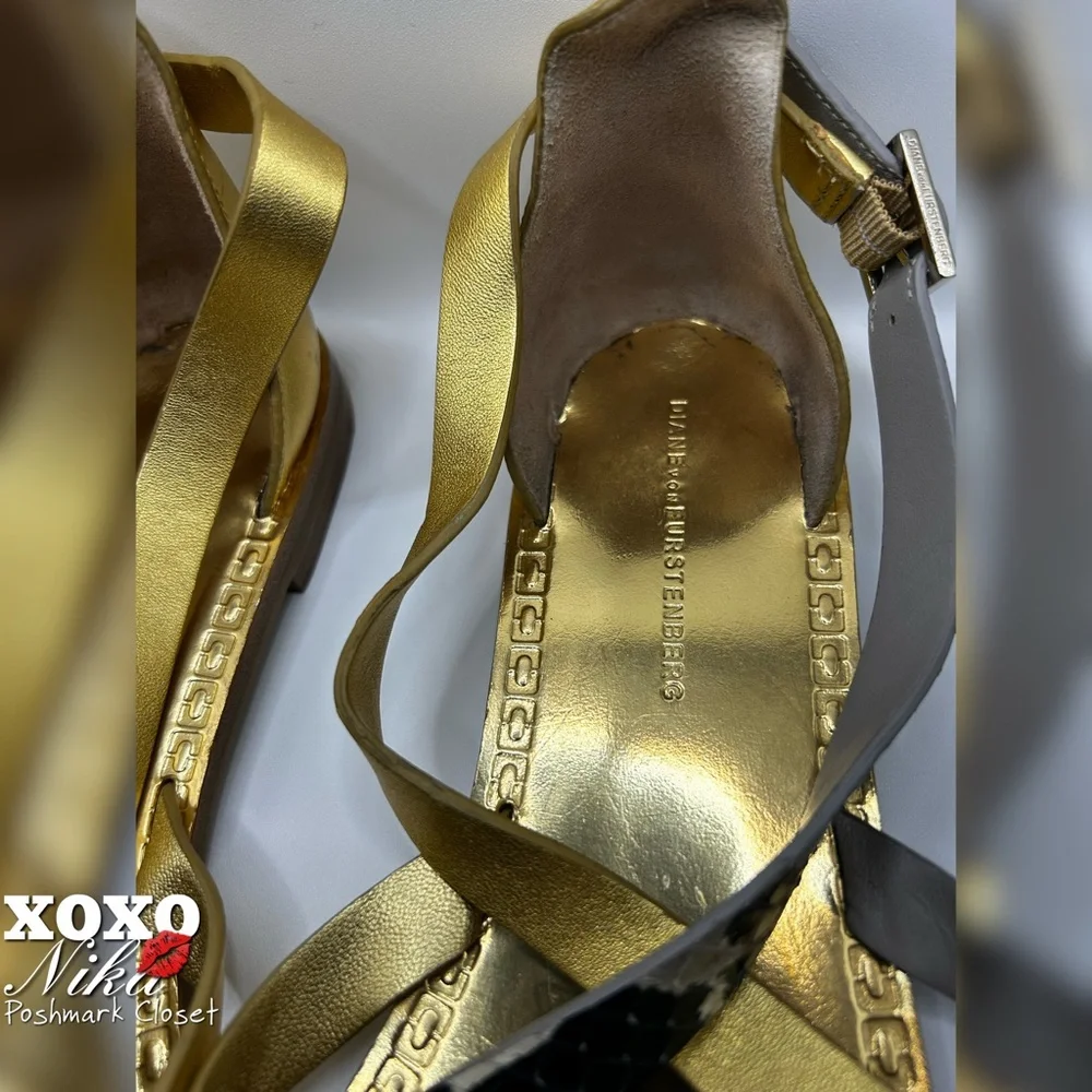 DIANE VON FURSTENBERG Gold & Animal Print Straps Cannes Sandals - Eur 38/USA 8M - Picture 2 of 7
